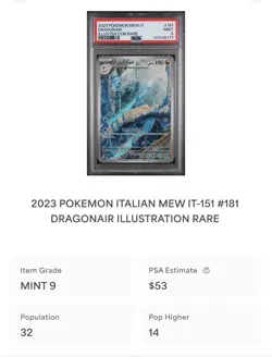 POKEMON PSA 9 DRAGONAIR ILLUSTRATION RARE 181/165 SET 151 ITALIANO 2023 LOW POP - Image 4