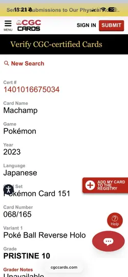 Pokemon 151 MACHAMP Pokeball Reverse Holo 068/165 CGC PRISTINE 10 - Japanese - Image 3
