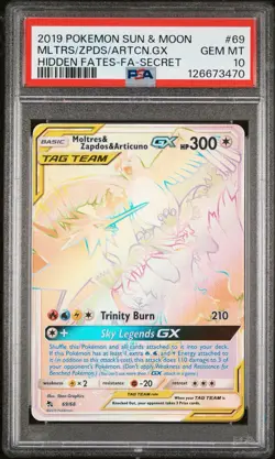2019 POKEMON HIDDEN FATES #69 FULL ART/MOLTRES & ZAPDOS & ARTICUNO GX PSA 10 - Image 1