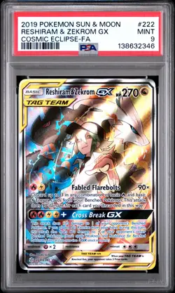 2019 POKEMON SUN & MOON COSMIC ECLIPSE #222 FULL ART/RESHIRAM & ZEKROM GX PSA 9 - Image 1