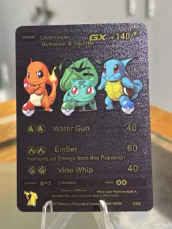 Pokemon Charmander Bulbasaur Squirtle GX Black Vinyl Gold Foil Fan Art Card TCG - Image 1
