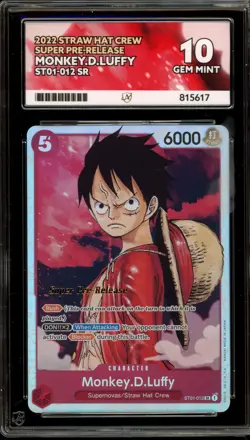 One Piece CCG Monkey.D.Luffy Super Pre-Release ST01-012 ACE 10 Gem Mint - Image 1