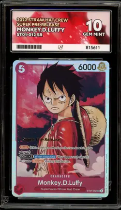 One Piece CCG Monkey.D.Luffy Super Pre-Release ST01-012 ACE 10 Gem Mint - Image 1