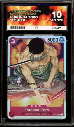 One Piece CCG Roronoa Zoro Super Pre-Release ST01-013 ACE 10 Gem Mint - Image 1