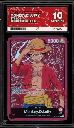 One Piece CCG Monkey.D.Luffy Super Pre-Release ST01-001 ACE 10 Gem Mint - Image 1