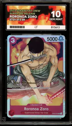 One Piece CCG Roronoa Zoro Super Pre-Release ST01-013 ACE 10 Gem Mint - Image 1