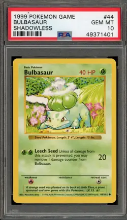 Pokemon Bulbasaur Base Set Shadowless #44 PSA 10 Gem Mint - Image 1