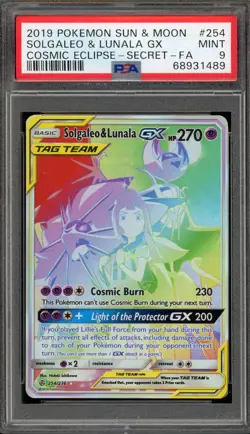 Pokemon Solgaleo & Lunala GX Cosmic Eclipse Secret Rare Full Art #254 PSA 9 Mint - Image 1