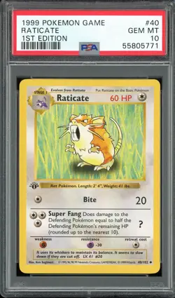 PSA 10 Raticate 1st Edition Base Set Shadowless 40/102 Pokemon Card - Image 1