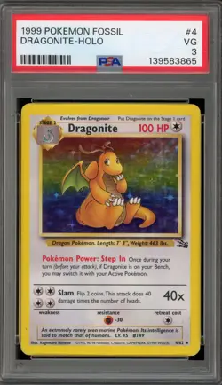 Pokemon Dragonite Fossil Unlimited Holo Rare #4 PSA 3 - Image 1