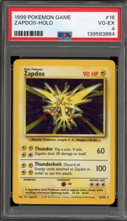 Pokemon Zapdos Base Set Unlimited Holo Rare #16 PSA 4 - Image 1