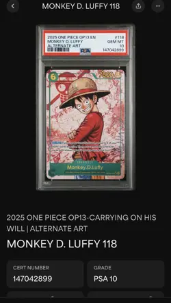 2025 ONE PIECE OP13-CARRYING ON HIS WILL ALT ART MONKEY D. LUFFY 118 PSA10 - Image 3