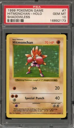 Pokemon Hitmonchan Base Set Shadowless Holo Rare #7 PSA 10 Gem Mint - Image 1