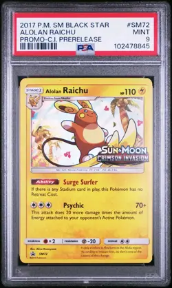 SM Black Star Promo SM72 Alolan Raichu Crimson Invasion Prerelease PSA 9 - Image 1