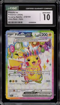 Pokemon Pikachu ex Surging Sparks Ultra Rare #219 CGC 10 Gem Mint - Image 1