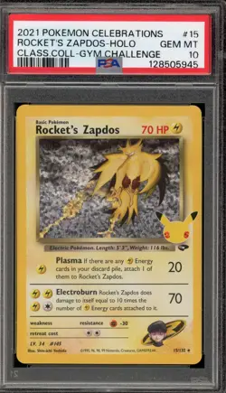 Pokemon Rocket's Zapdos Celebrations Classic Coll. Gym Challenge #15 PSA 10 - Image 1