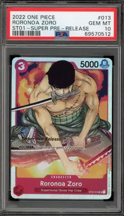 One Piece CCG Roronoa Zoro Super Pre-Release ST01-013 PSA 10 Gem Mint - Image 1