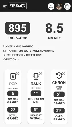 Pokemon TCG Kabuto Fossil 1st Edition Card 50/62 Regular TAG 8.5 (895), Rank 5! - Image 3