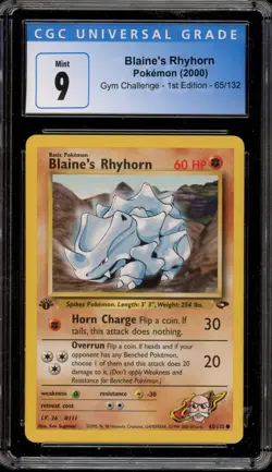 Pokemon Blaine's Rhyhorn Gym Challenge 1st Edition #65 CGC 9 Mint - Image 1
