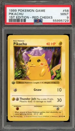 Pokemon Pikachu Base Set Shadowless 1st Edition Red Cheeks #58 PSA 9 Mint - Image 1