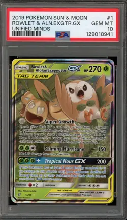Pokemon Rowlet & Alolan Exeggutor GX Unified Minds Holo Ultra Rare #1 PSA 10 - Image 1