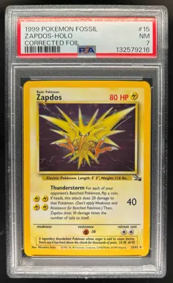1999 Pokemon Fossil Zapdos Corrected Foil #15/62 PSA 7 - Image 1