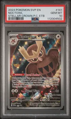 2024 POKEMON STELLAR CROWN POKEMON CENTER ETB PROMO #141 NOCTOWL PSA 10 - Image 1