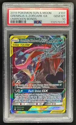 2019 Pokemon Unbroken Bonds Greninja Zoroark Tag Team Holo #107/214 PSA 10 - Image 1
