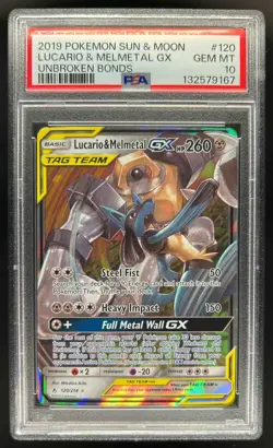 2019 Pokemon Unbroken Bonds Lucario Melmetal Tag Team Holo #120/214 PSA 10 - Image 1
