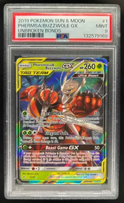 2019 Pokemon Unbroken Bonds Pheromosa Buzzwole Tag Team Holo #1/214 PSA 9 - Image 1