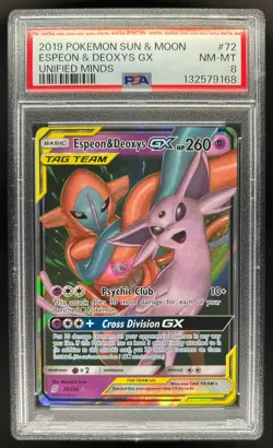2019 Pokemon SM Unified Minds Espeon Deoxys Tag Team Holo #72/236 PSA 8 - Image 1