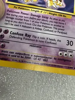 Alakazam Pokemon TCG Base Set Holo Card 1/102 Unlimited Holo Rare 1999 S3 - Image 3