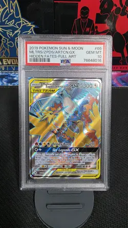 PSA 10 Moltres & Zapdos & Articuno GX Full Art 66/68 Hidden Fates Pokemon Card - Image 1