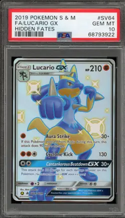 Pokemon Lucario GX Hidden Fates Full Art #SV64 PSA 10 Gem Mint - Image 1