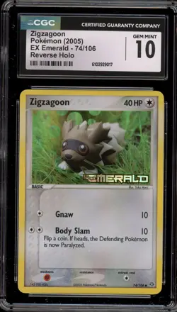 Pokemon Zigzagoon EX Emeral Reverse Holo #74 CGC 10 Gem Mint - Image 1