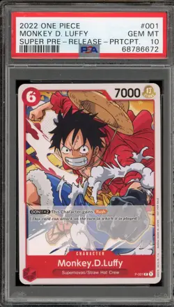 One Piece CCG Monkey.D.Luffy Super Pre-Release Participation Promo P-001 PSA 10 - Image 1