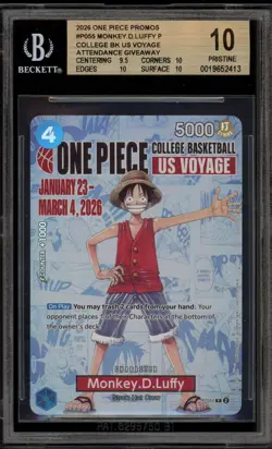 One Piece CCG Monkey.D.Luffy College Basketball US Voyage Promo P-055 BGS 10 - Image 1