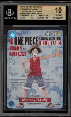 One Piece CCG Monkey.D.Luffy College Basketball US Voyage Promo P-055 BGS 10 - Image 1