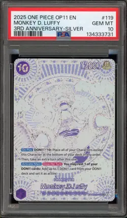 One Piece CCG Monkey.D.Luffy 3rd Anniversary Silver OP05-119 PSA 10 Gem Mint - Image 1