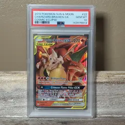Pokemon TCG Cosmic Eclipse Charizard & Braixen GX 22/236 PSA 10 Full Art Holo - Image 1