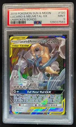 2019 Pokemon SM Unbroken Bonds Lucario Melmetal Tag Team Holo #120/214 PSA 9 - Image 1