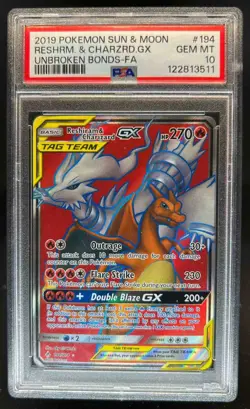 2019 Pokemon Sun Moon Unbroken Bonds Reshiram Charizard Tag Team #194/214 PSA 10 - Image 1