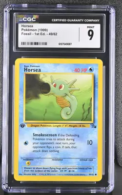 CGC MINT 9 Pokemon Horsea 49/62 1999 Fossil 1st Edition - Image 1