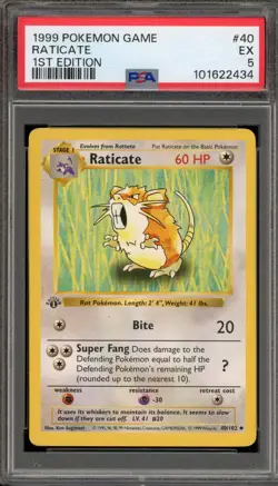 Pokemon Raticate Base Set Shadowless 1st Edition #40 PSA 5 - Image 1