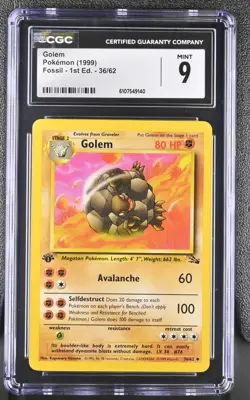 CGC MINT 9 Pokemon Golem 36/62 1999 Fossil 1st Edition - Image 1
