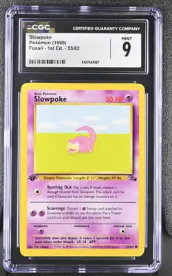CGC MINT 9 Pokemon Slowpoke 55/62 1999 Fossil 1st Edition - Image 1