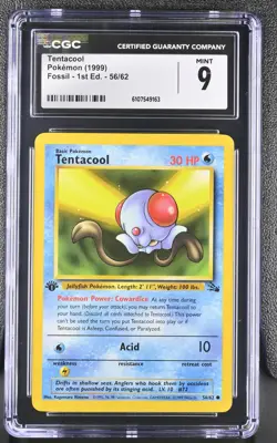 CGC MINT 9 Pokemon Tentacool 56/62 1999 Fossil 1st Edition - Image 1