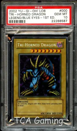 PSA 10 GEM MINT Tri-Horned Dragon LOB-000 WAVY 1st Edition LOB Yugioh Card 587 - Image 1