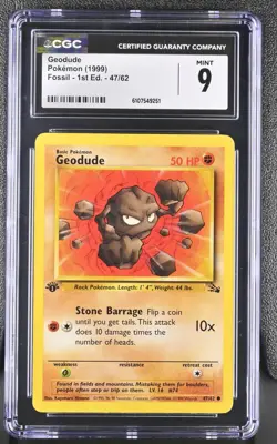 CGC MINT 9 Pokemon Geodude 47/62 1999 Fossil 1st Edition - Image 1