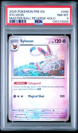 2025 POKEMON PRE EN-PRISMATIC EVOLUTIONS MASTER BALL REVERSE HOLO SYLVEON PSA 8 - Image 1